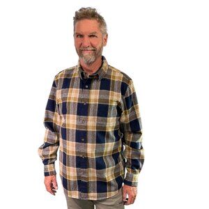 Pendleton Lodge Shirt Navy Blue & Gold Plaid Virgin Wool $179 Men's Size Large